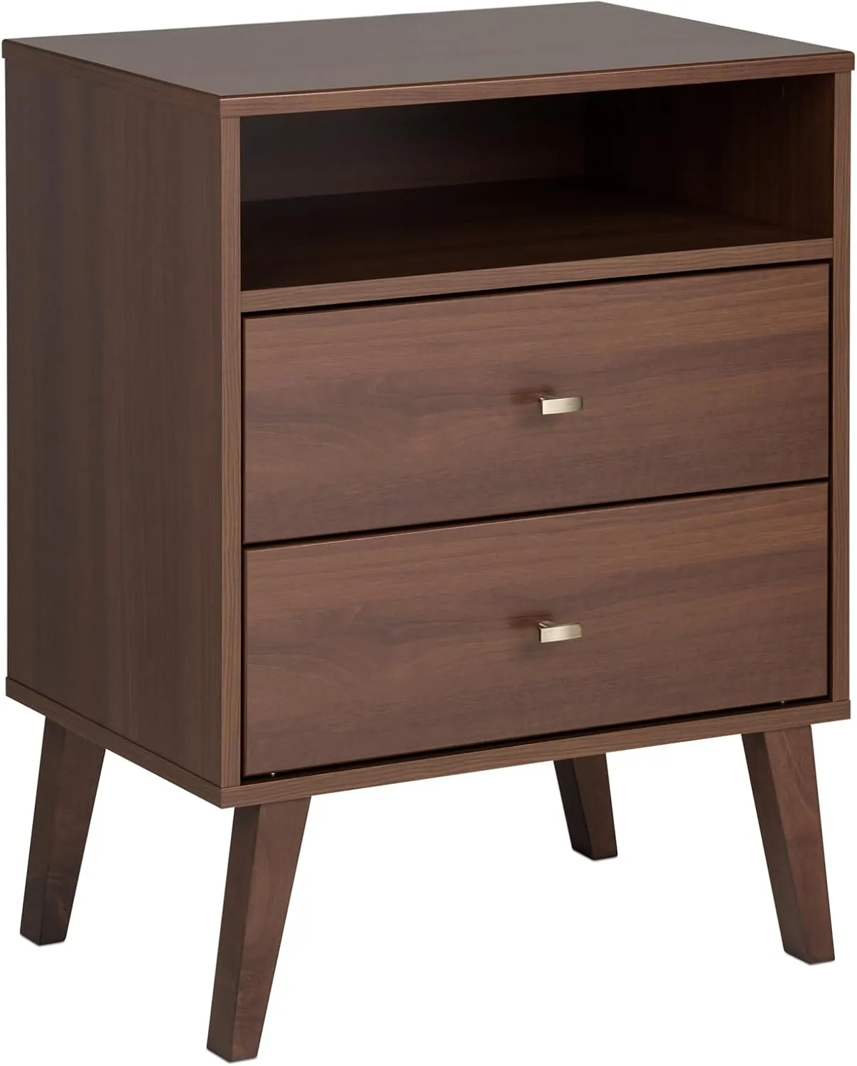 Prepac Milo Mid-Century Modern 2 Drawer Nightstand with Open Shelf, Bedside Table, Contemporary Bedroom Furniture, 16"D x 22.5"W x 29.5"H, Cherry