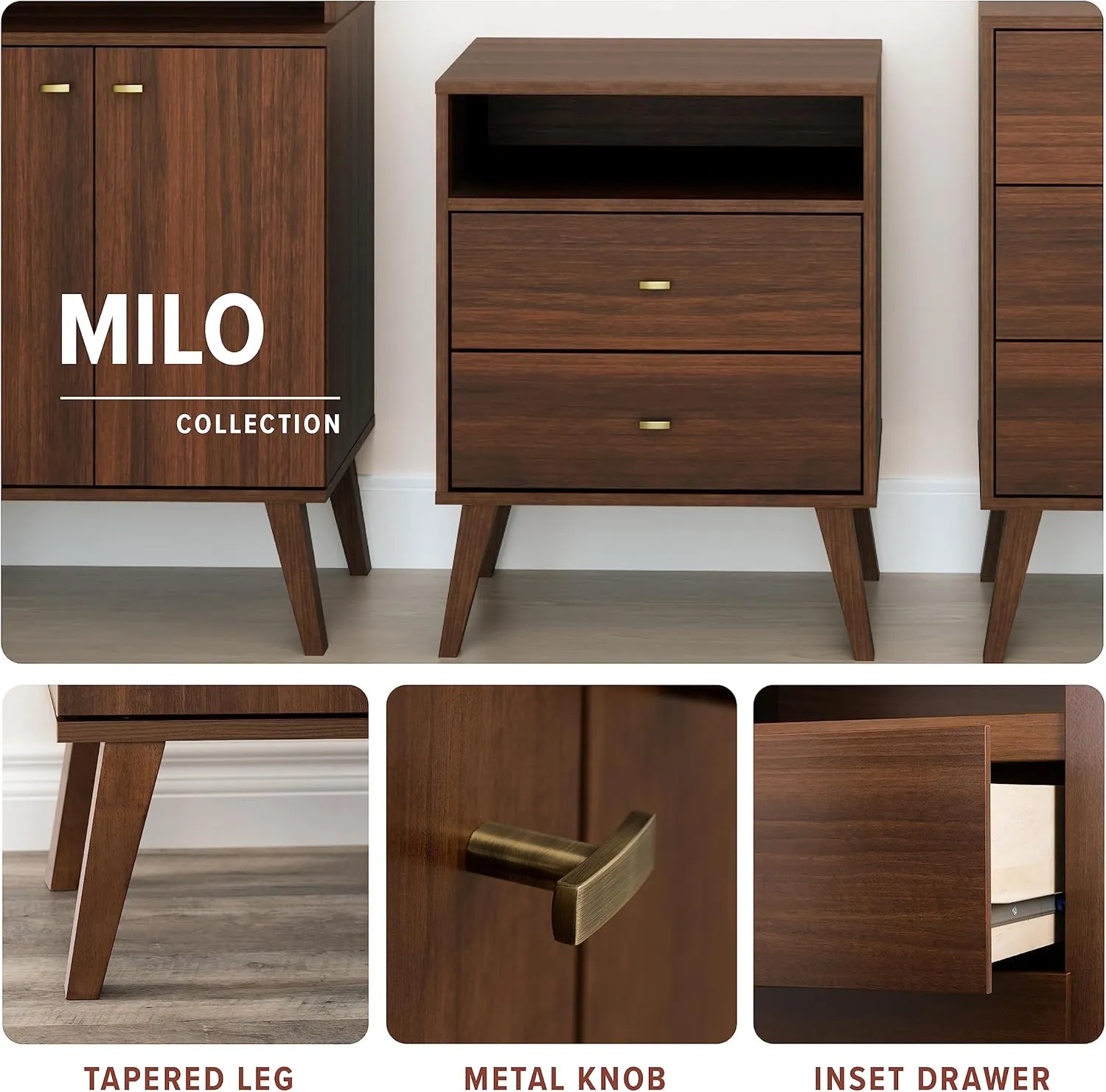 Prepac Milo Mid-Century Modern 2 Drawer Nightstand with Open Shelf, Bedside Table, Contemporary Bedroom Furniture, 16"D x 22.5"W x 29.5"H, Cherry
