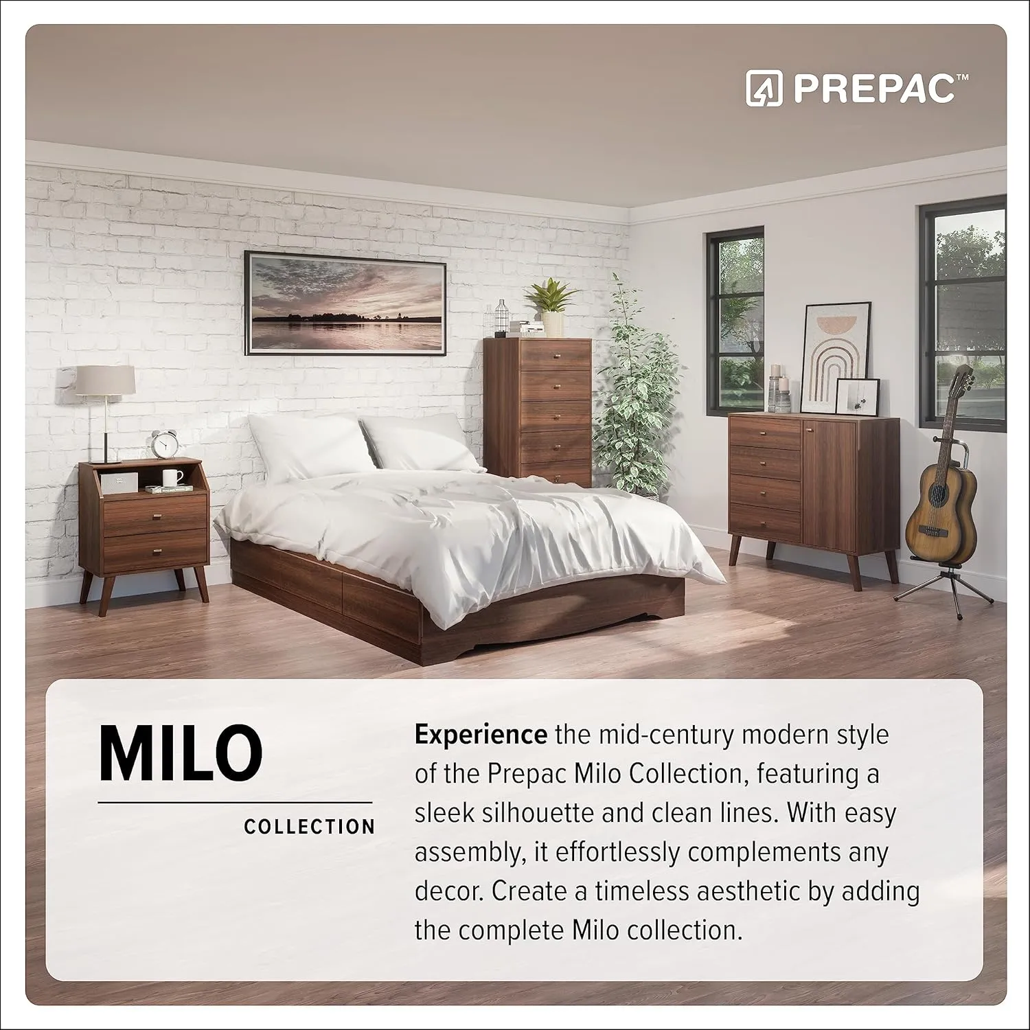 Prepac Milo Mid-Century Modern 2 Drawer Nightstand with Open Shelf, Bedside Table, Contemporary Bedroom Furniture, 16"D x 22.5"W x 29.5"H, Cherry