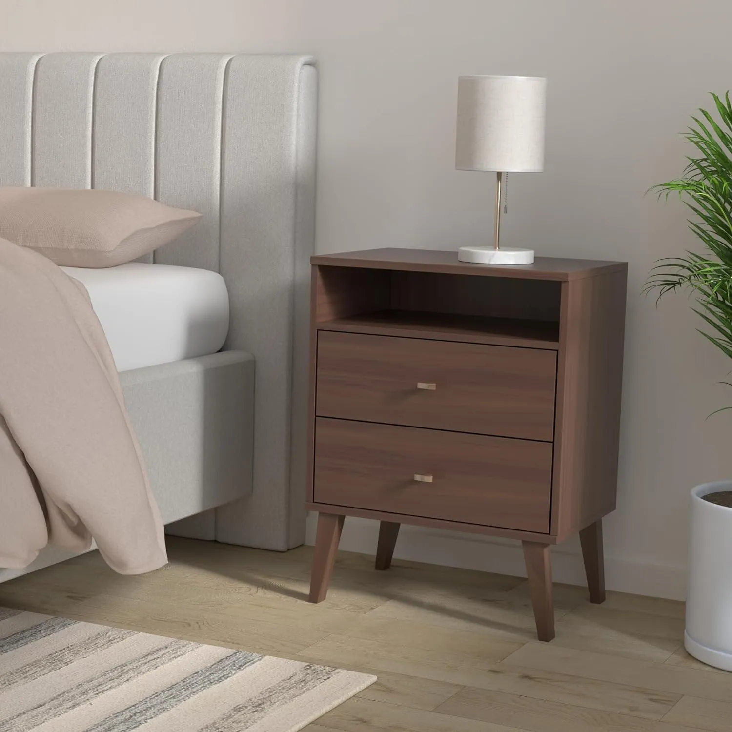 Prepac Milo Mid-Century Modern 2 Drawer Nightstand with Open Shelf, Bedside Table, Contemporary Bedroom Furniture, 16"D x 22.5"W x 29.5"H, Cherry