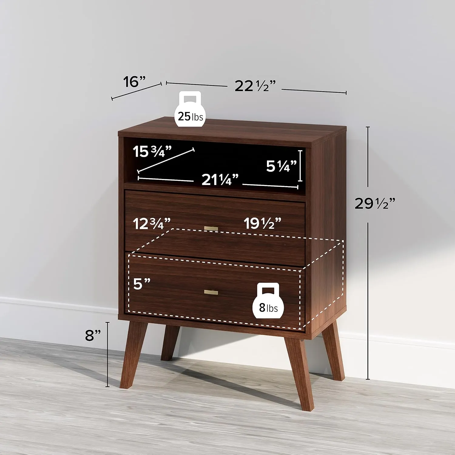 Prepac Milo Mid-Century Modern 2 Drawer Nightstand with Open Shelf, Bedside Table, Contemporary Bedroom Furniture, 16"D x 22.5"W x 29.5"H, Cherry