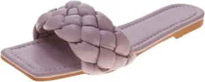 QMFUR Women Square Toe Flat Sandals Woven Leather Slippers Beach slides