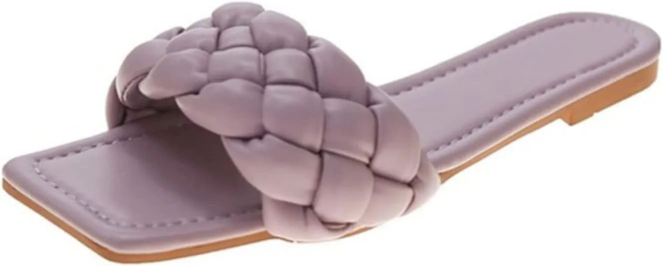 QMFUR Women Square Toe Flat Sandals Woven Leather Slippers Beach slides