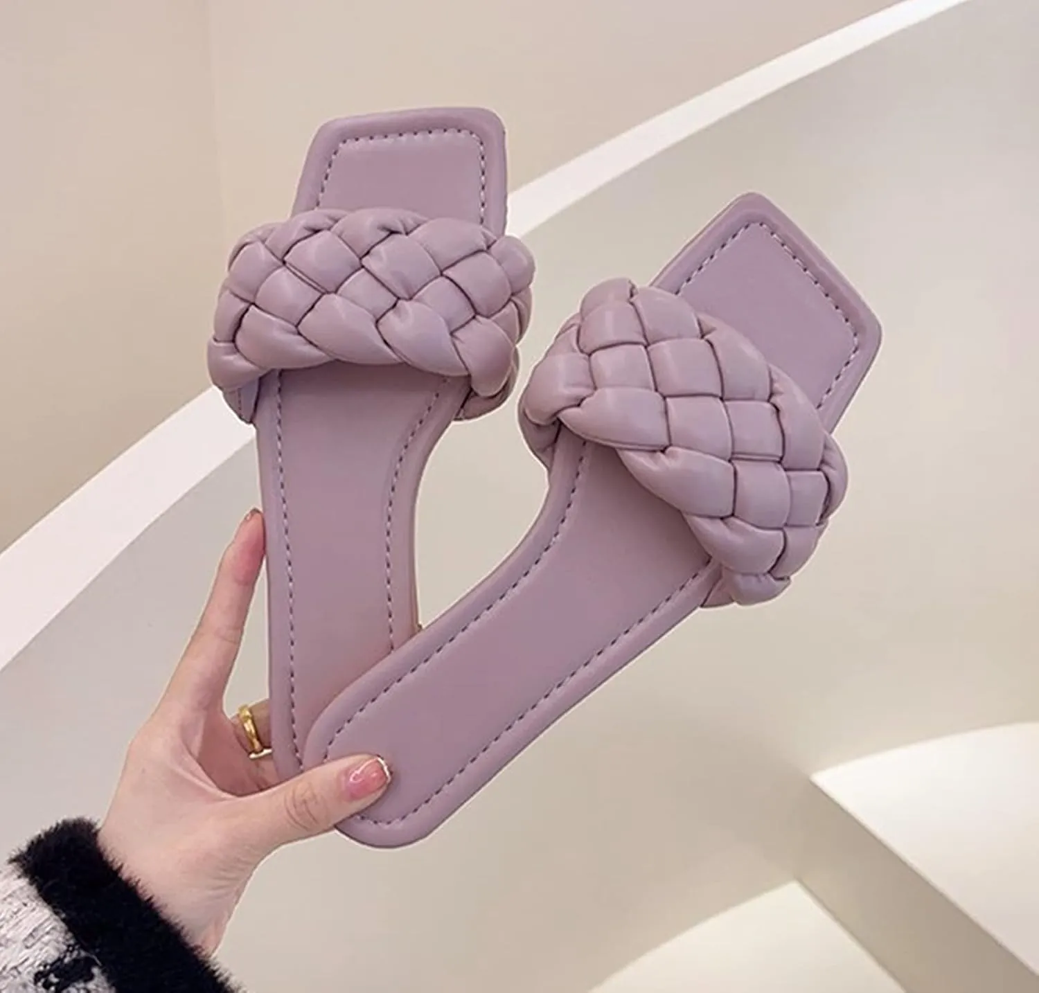 QMFUR Women Square Toe Flat Sandals Woven Leather Slippers Beach slides