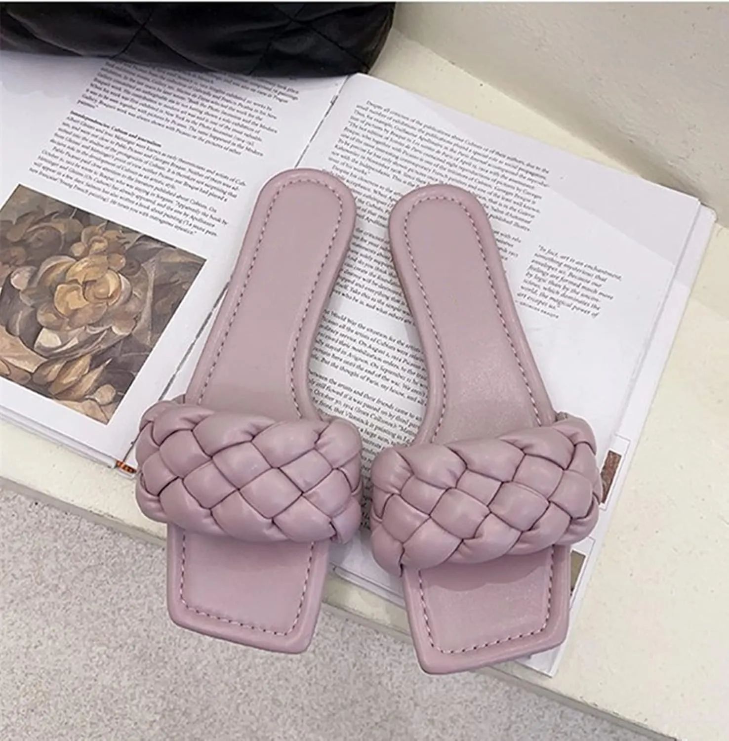 QMFUR Women Square Toe Flat Sandals Woven Leather Slippers Beach slides