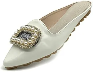 Rhinestone Mules for Women Flats Shoes Slip On Backless Loafer Pointed Toe Dress Mule Slides