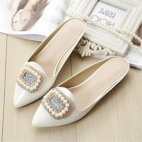 Rhinestone Mules for Women Flats Shoes Slip On Backless Loafer Pointed Toe Dress Mule Slides