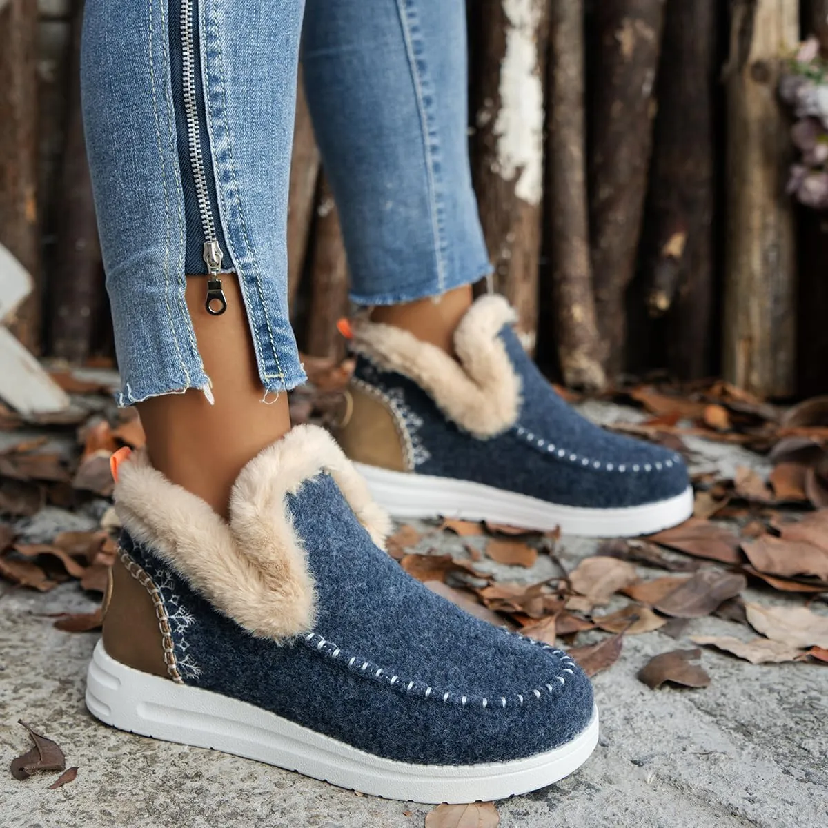 SACFOF Womens Winter Flat Fluffy Snow Boots,Warm Faux Fur Lining Anti-Slip Slip on Loafer Casual Outdoor Plush Short Booties