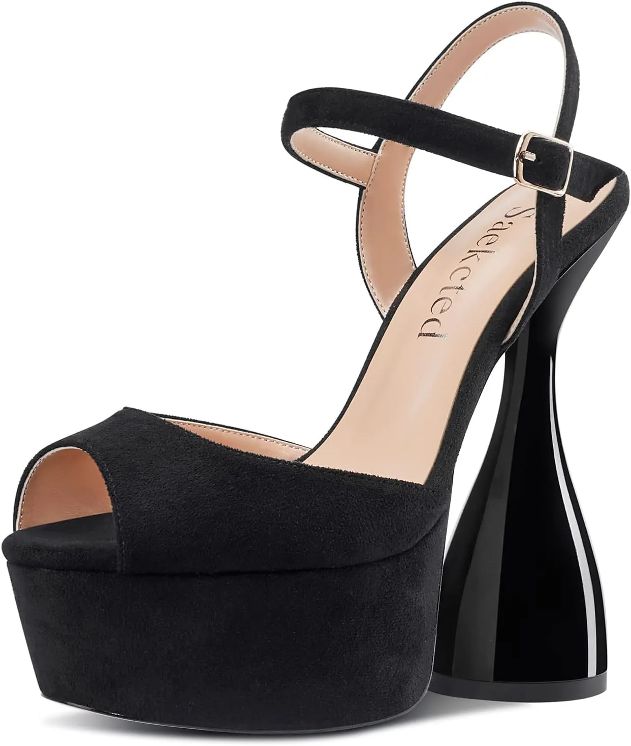 Saekcted Women's Chunky High Heels Platform Fashion Party Sandals Peep-Toe Ankel-Strap Sandal 6Inch Heel Shoes for Wedding Dress