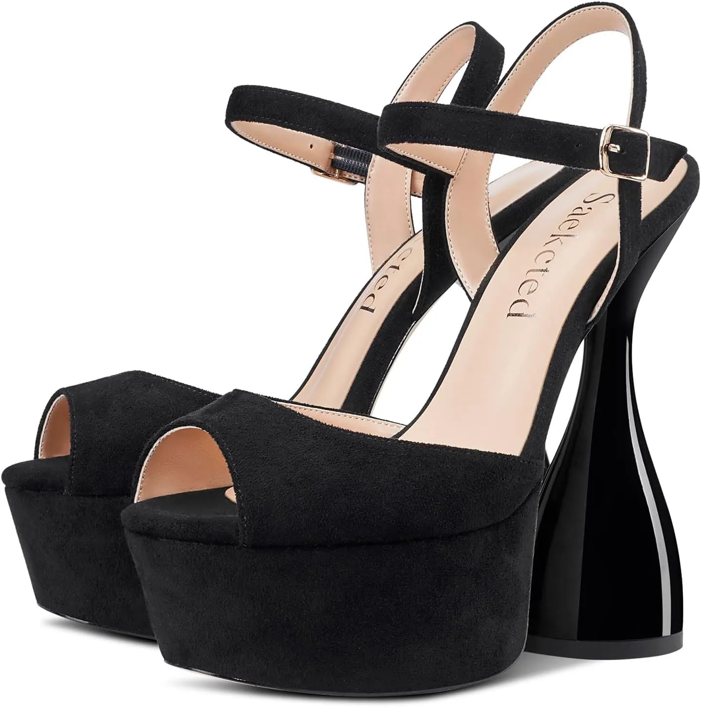 Saekcted Women's Chunky High Heels Platform Fashion Party Sandals Peep-Toe Ankel-Strap Sandal 6Inch Heel Shoes for Wedding Dress