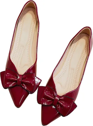 SAILING LU Womens Pointed Toe Shoes PU Ballet Flats Bow-Knot Dress Shoes Slip-on Comfortable Wear to Work Walking Flat Slip-ons