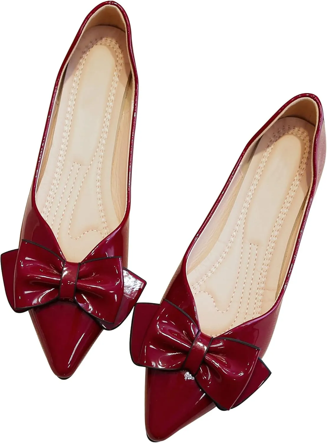 SAILING LU Womens Pointed Toe Shoes PU Ballet Flats Bow-Knot Dress Shoes Slip-on Comfortable Wear to Work Walking Flat Slip-ons