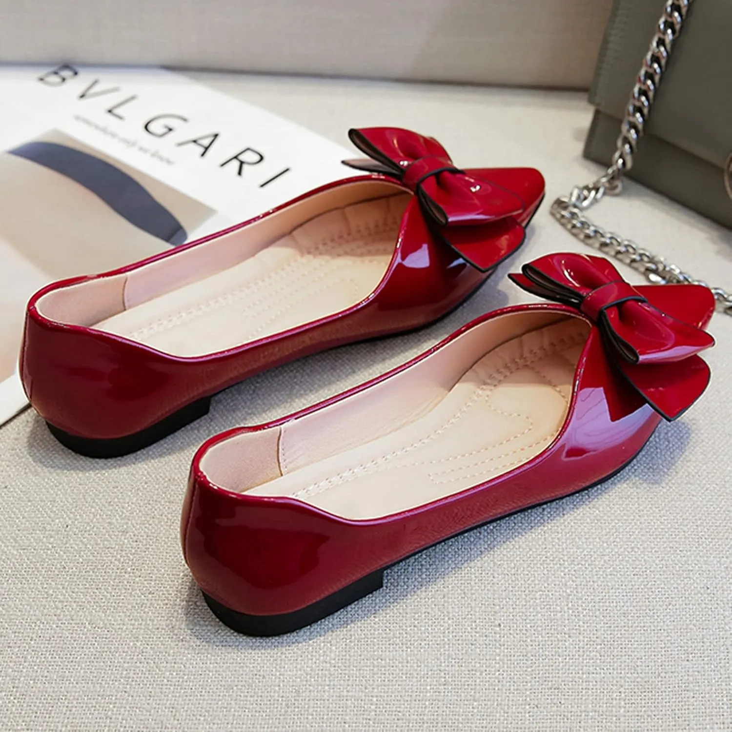 SAILING LU Womens Pointed Toe Shoes PU Ballet Flats Bow-Knot Dress Shoes Slip-on Comfortable Wear to Work Walking Flat Slip-ons