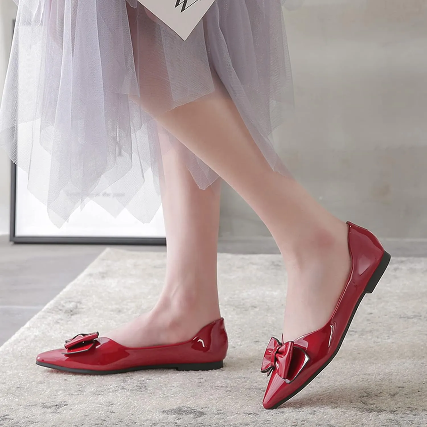 SAILING LU Womens Pointed Toe Shoes PU Ballet Flats Bow-Knot Dress Shoes Slip-on Comfortable Wear to Work Walking Flat Slip-ons