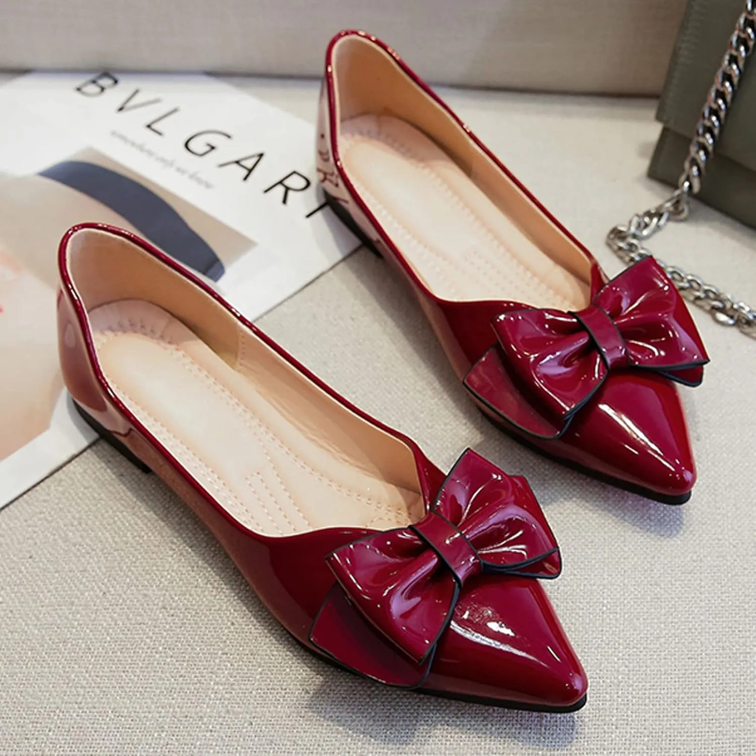 SAILING LU Womens Pointed Toe Shoes PU Ballet Flats Bow-Knot Dress Shoes Slip-on Comfortable Wear to Work Walking Flat Slip-ons