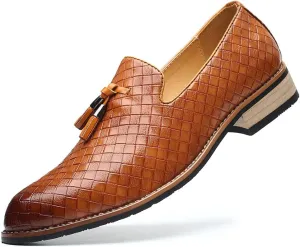 Santimon Men's Woven Tassel Smoking Loafers Classic Leather Business Foraml Dress Office Casual Slip On Vintage Brogue Shoes
