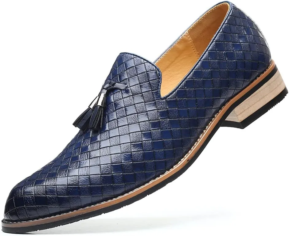 Santimon Men's Woven Tassel Smoking Loafers Classic Leather Business Foraml Dress Office Casual Slip On Vintage Brogue Shoes