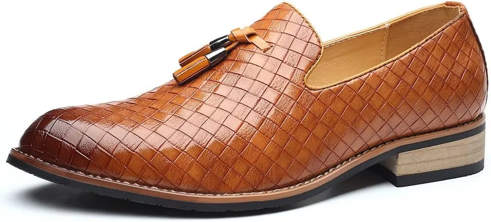 Santimon Men's Woven Tassel Smoking Loafers Classic Leather Business Foraml Dress Office Casual Slip On Vintage Brogue Shoes
