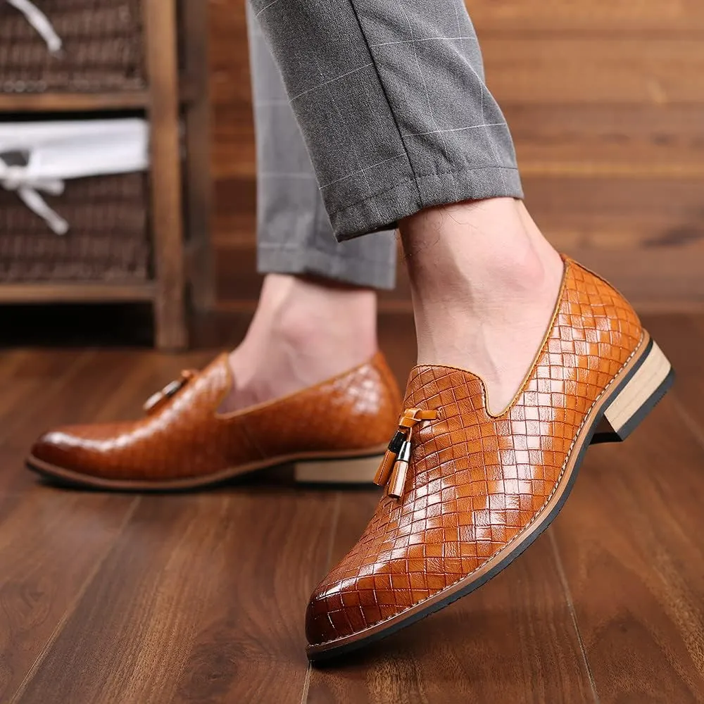 Santimon Men's Woven Tassel Smoking Loafers Classic Leather Business Foraml Dress Office Casual Slip On Vintage Brogue Shoes