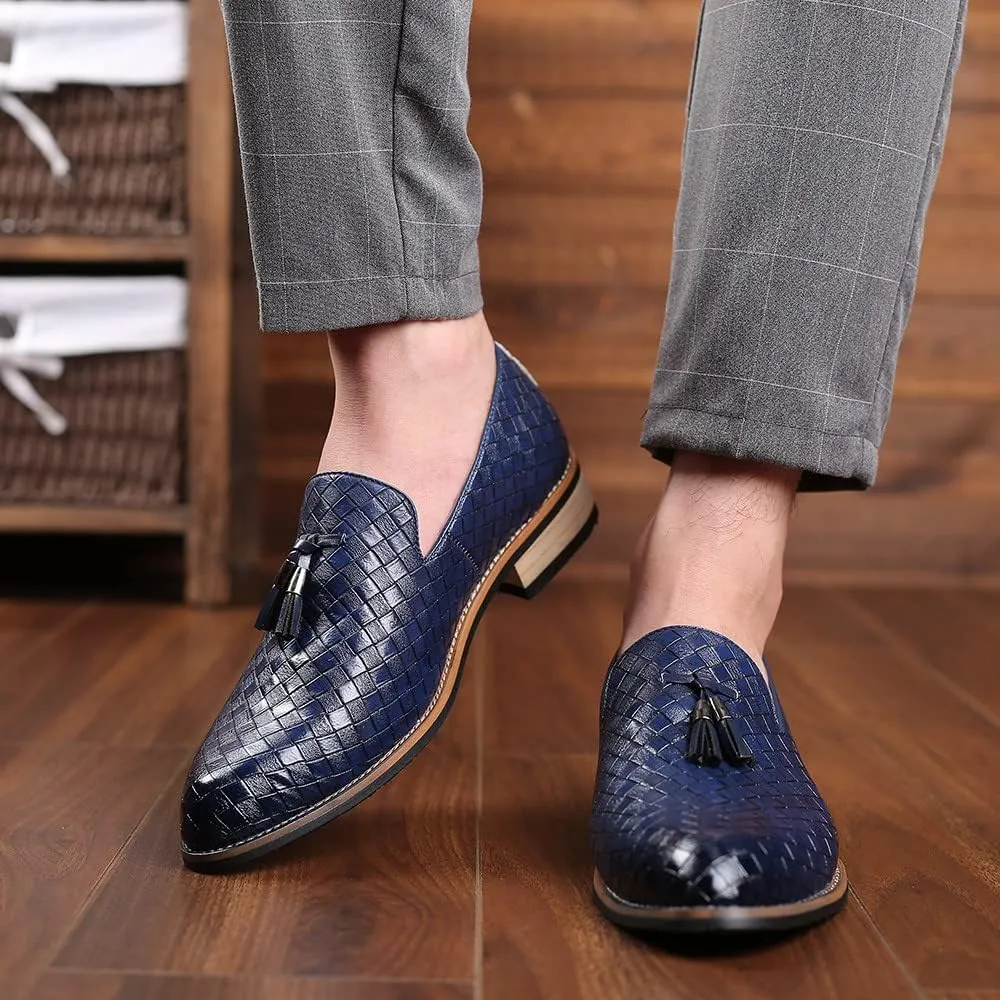 Santimon Men's Woven Tassel Smoking Loafers Classic Leather Business Foraml Dress Office Casual Slip On Vintage Brogue Shoes