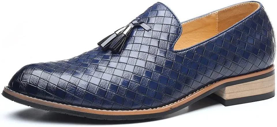Santimon Men's Woven Tassel Smoking Loafers Classic Leather Business Foraml Dress Office Casual Slip On Vintage Brogue Shoes