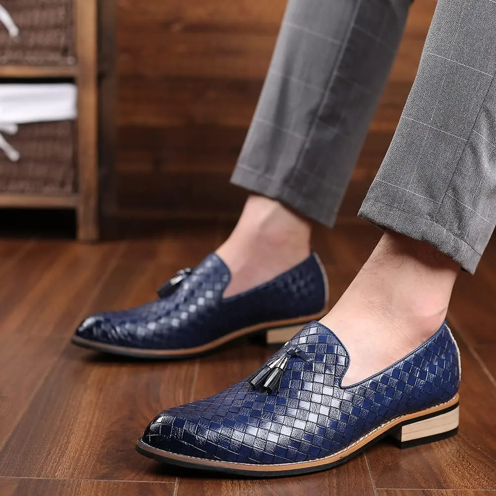 Santimon Men's Woven Tassel Smoking Loafers Classic Leather Business Foraml Dress Office Casual Slip On Vintage Brogue Shoes