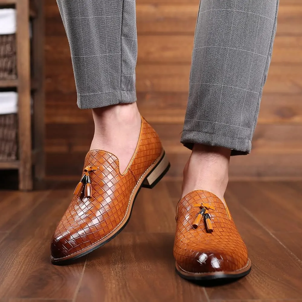 Santimon Men's Woven Tassel Smoking Loafers Classic Leather Business Foraml Dress Office Casual Slip On Vintage Brogue Shoes