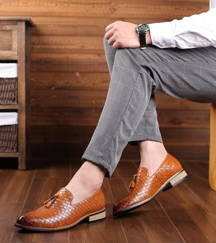 Santimon Men's Woven Tassel Smoking Loafers Classic Leather Business Foraml Dress Office Casual Slip On Vintage Brogue Shoes