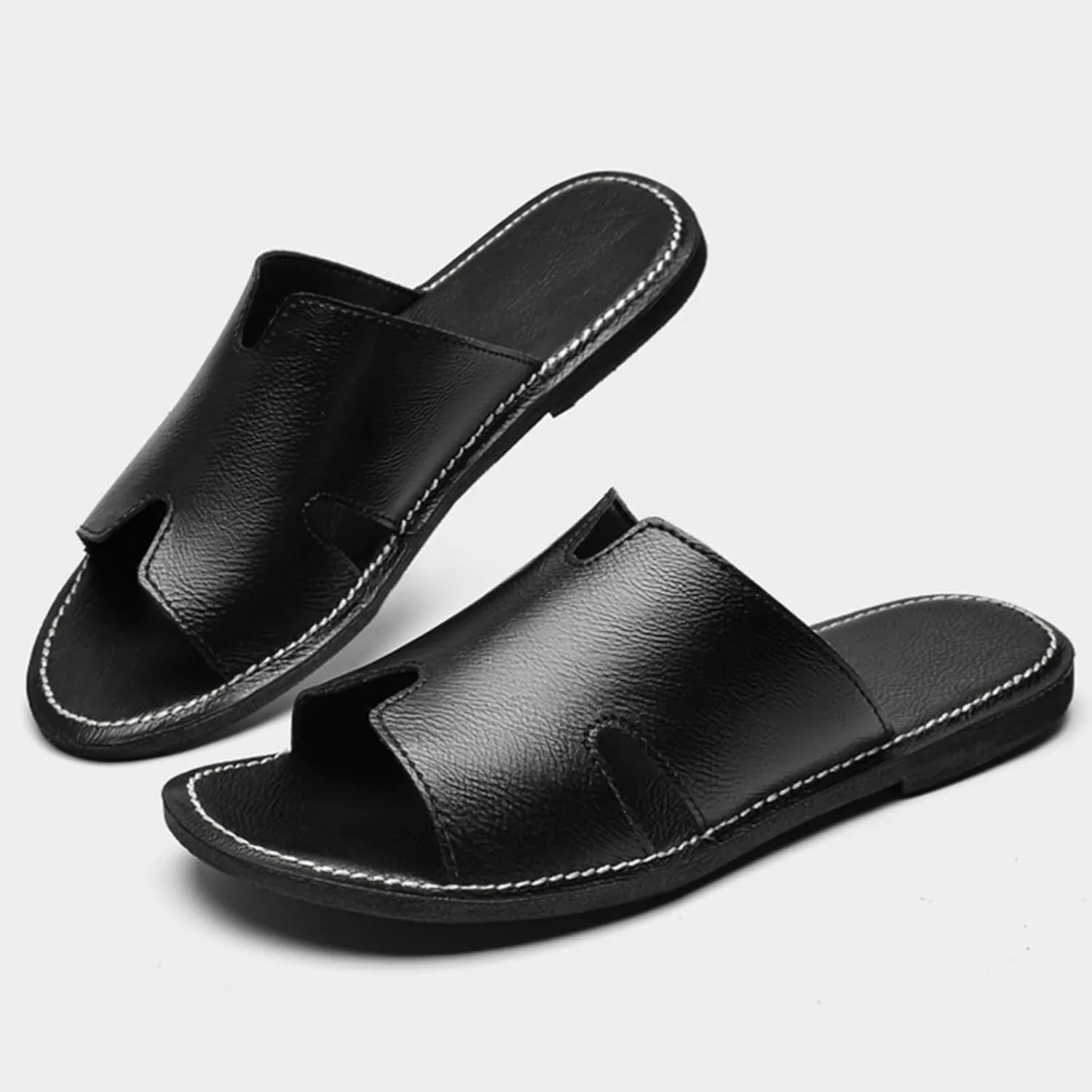 SEDFGLS Men's Genuine Leather Flat Slides Sandals Summer Classic Round Open Toe Slip On Softsole Male Sandals for Beach Walking Slides
