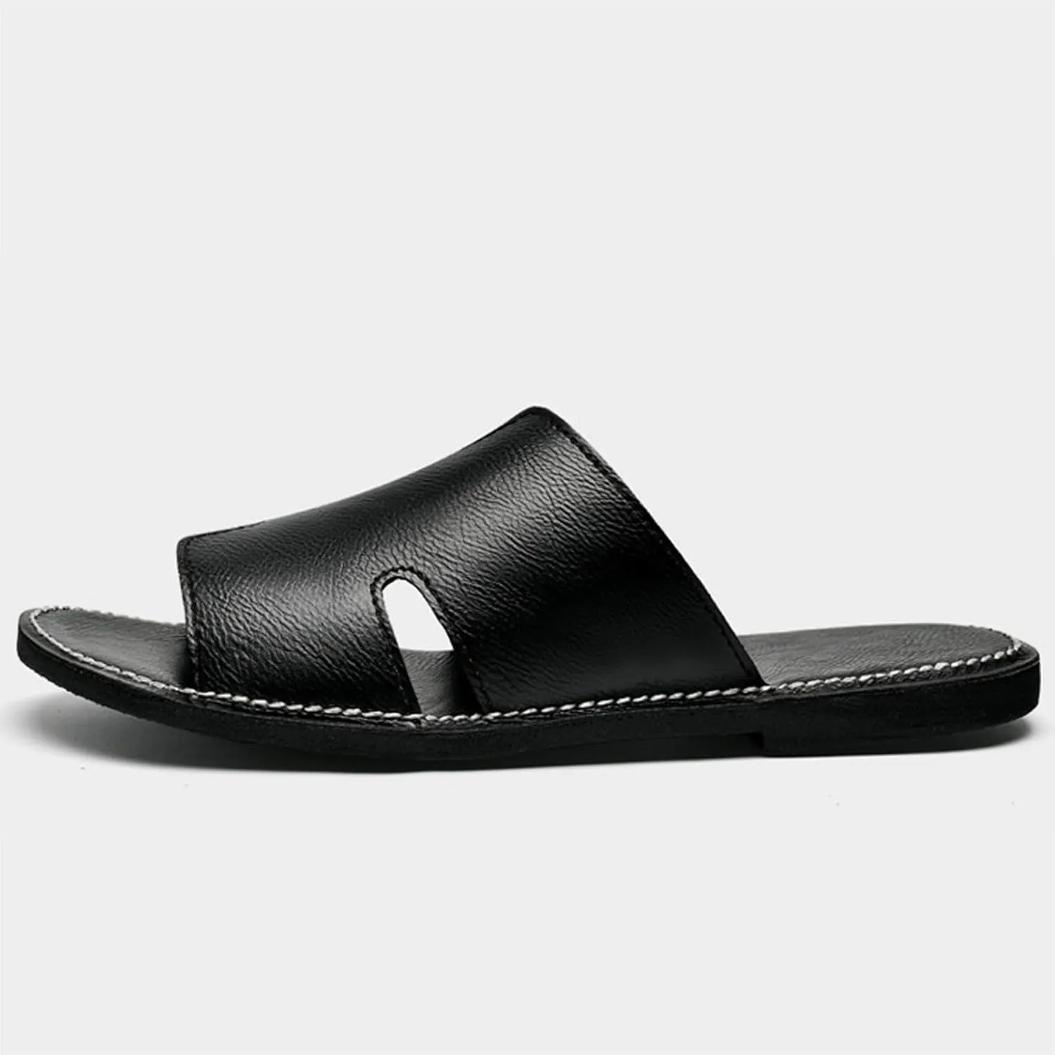 SEDFGLS Men's Genuine Leather Flat Slides Sandals Summer Classic Round Open Toe Slip On Softsole Male Sandals for Beach Walking Slides