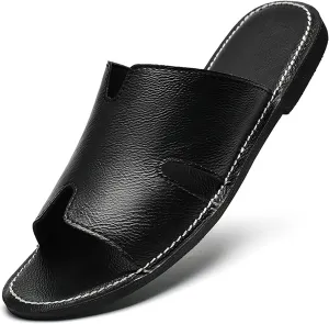 SEDFGLS Men's Genuine Leather Flat Slides Sandals Summer Classic Round Open Toe Slip On Softsole Male Sandals for Beach Walking Slides