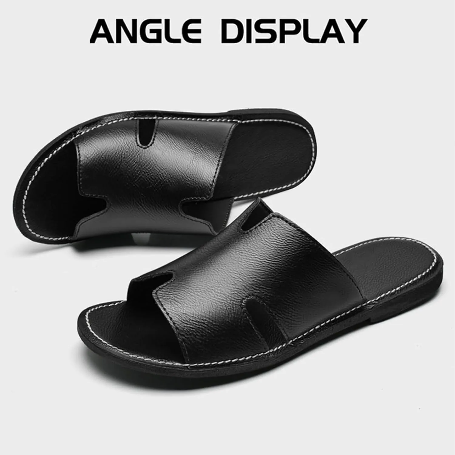SEDFGLS Men's Genuine Leather Flat Slides Sandals Summer Classic Round Open Toe Slip On Softsole Male Sandals for Beach Walking Slides