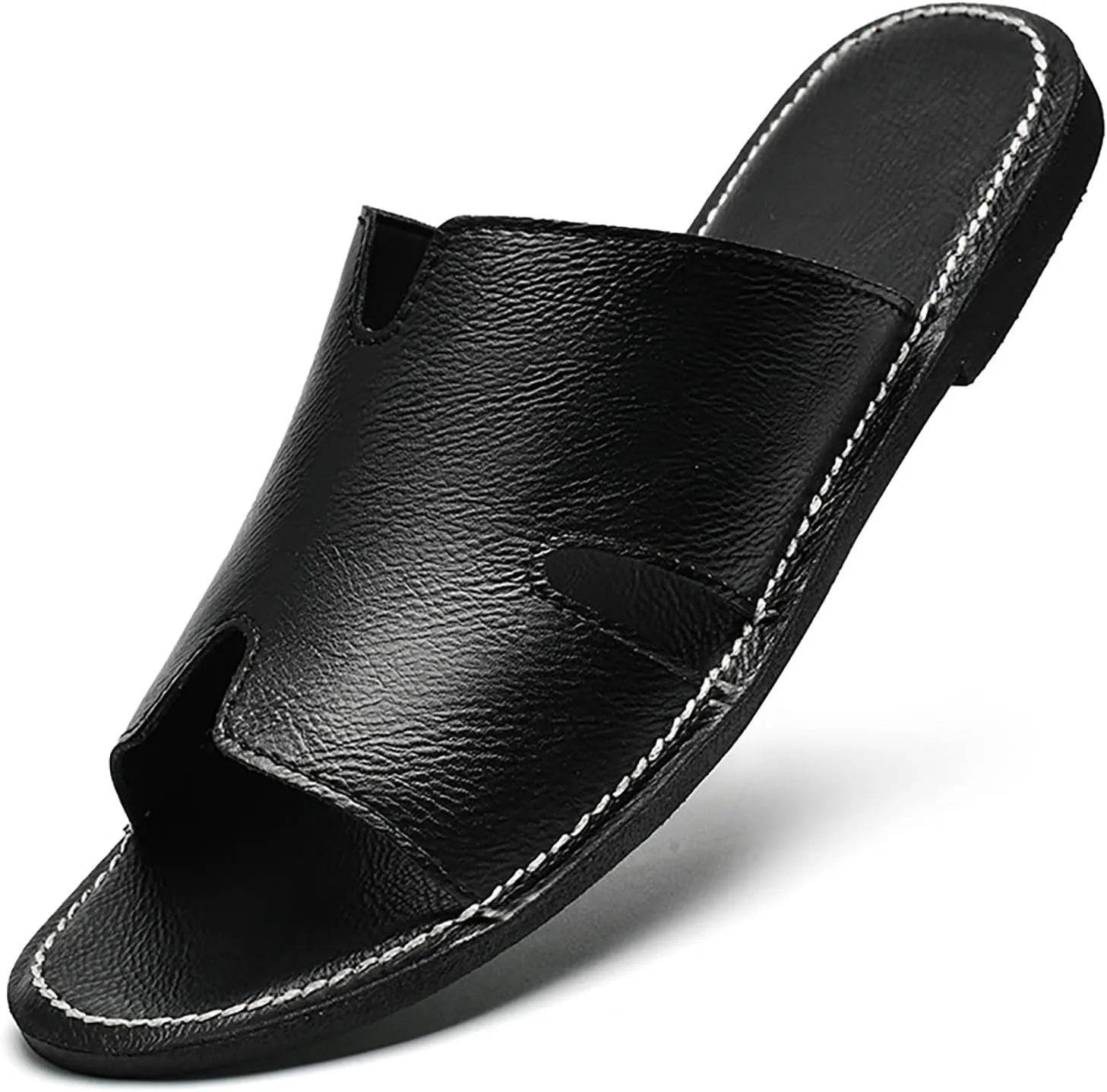 SEDFGLS Men's Genuine Leather Flat Slides Sandals Summer Classic Round Open Toe Slip On Softsole Male Sandals for Beach Walking Slides