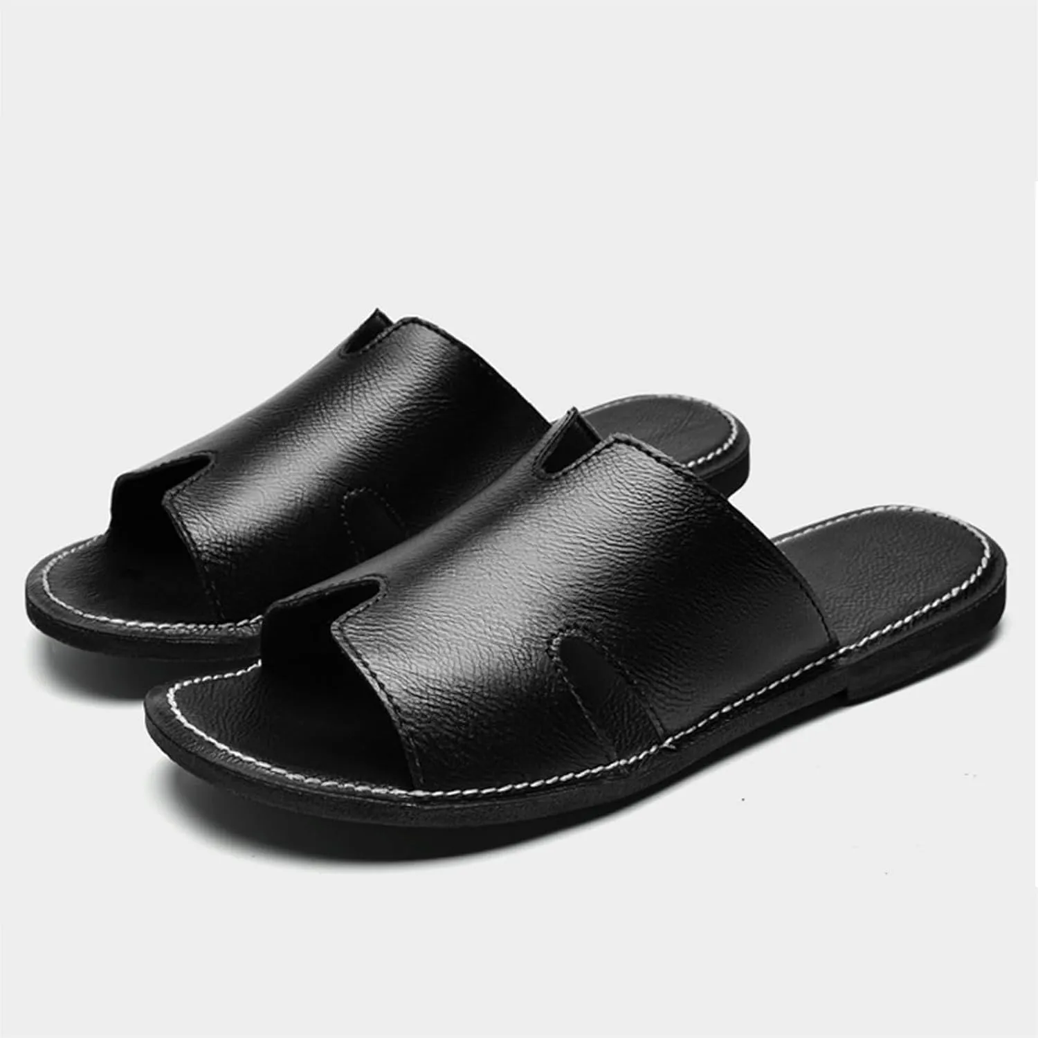 SEDFGLS Men's Genuine Leather Flat Slides Sandals Summer Classic Round Open Toe Slip On Softsole Male Sandals for Beach Walking Slides