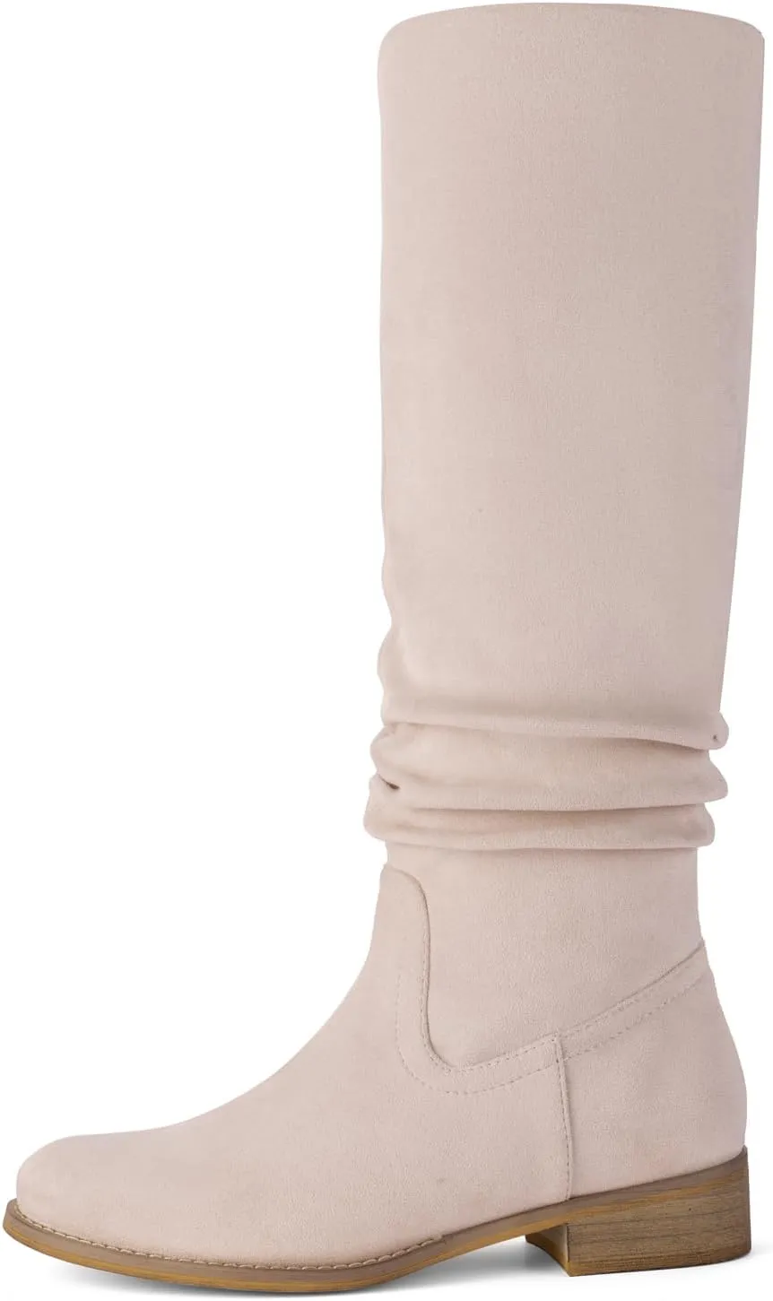 Shoe'N Tale Women's Knee High Boots Flat Low Heel Slouch Pointed Toe Winter Shoes with Side Zipper