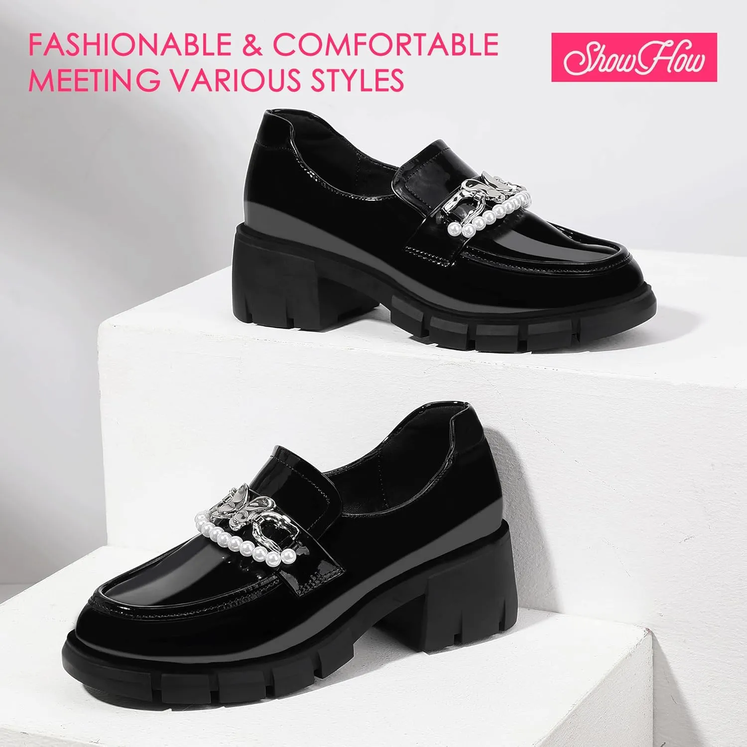 ShowHow Women's Chunky Loafers Platform Slip On Loafers Round Toe Lug Sole Loafers Business Casual Shoes for Women