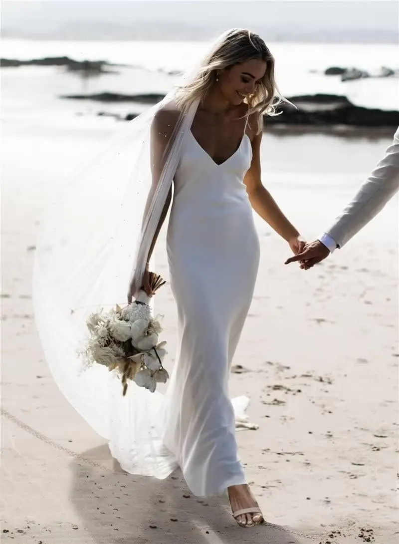 Simple Boho Wedding Dresses for Bride 2024 Mermaid Lace Spaghetti Straps V Neck Beach Bridal Gowns