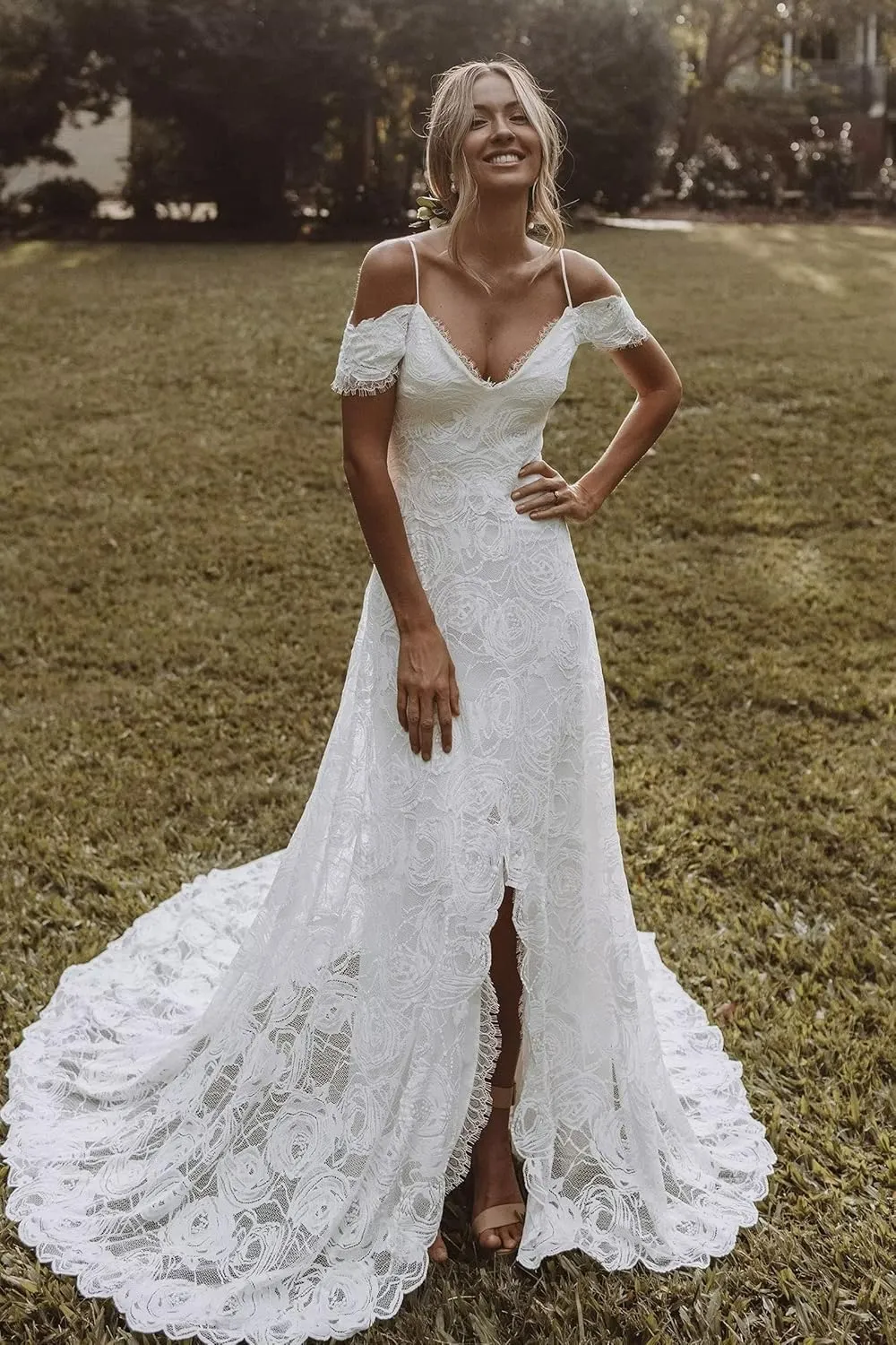 Simple Boho Wedding Dresses for Bride 2024 Mermaid Lace Spaghetti Straps V Neck Beach Bridal Gowns