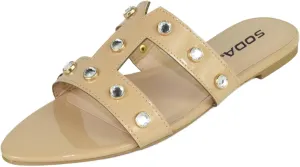 Soda Shoes Women's Sandals Double Strap Slides Rhinestone Bling Studded Open Pointed Toe YISKA-S