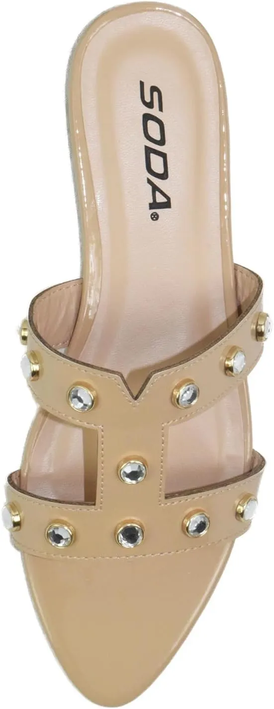 Soda Shoes Women's Sandals Double Strap Slides Rhinestone Bling Studded Open Pointed Toe YISKA-S