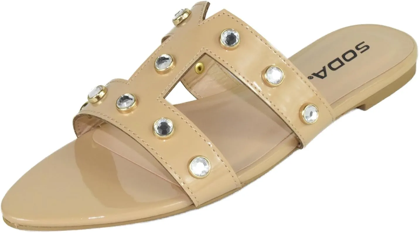 Soda Shoes Women's Sandals Double Strap Slides Rhinestone Bling Studded Open Pointed Toe YISKA-S