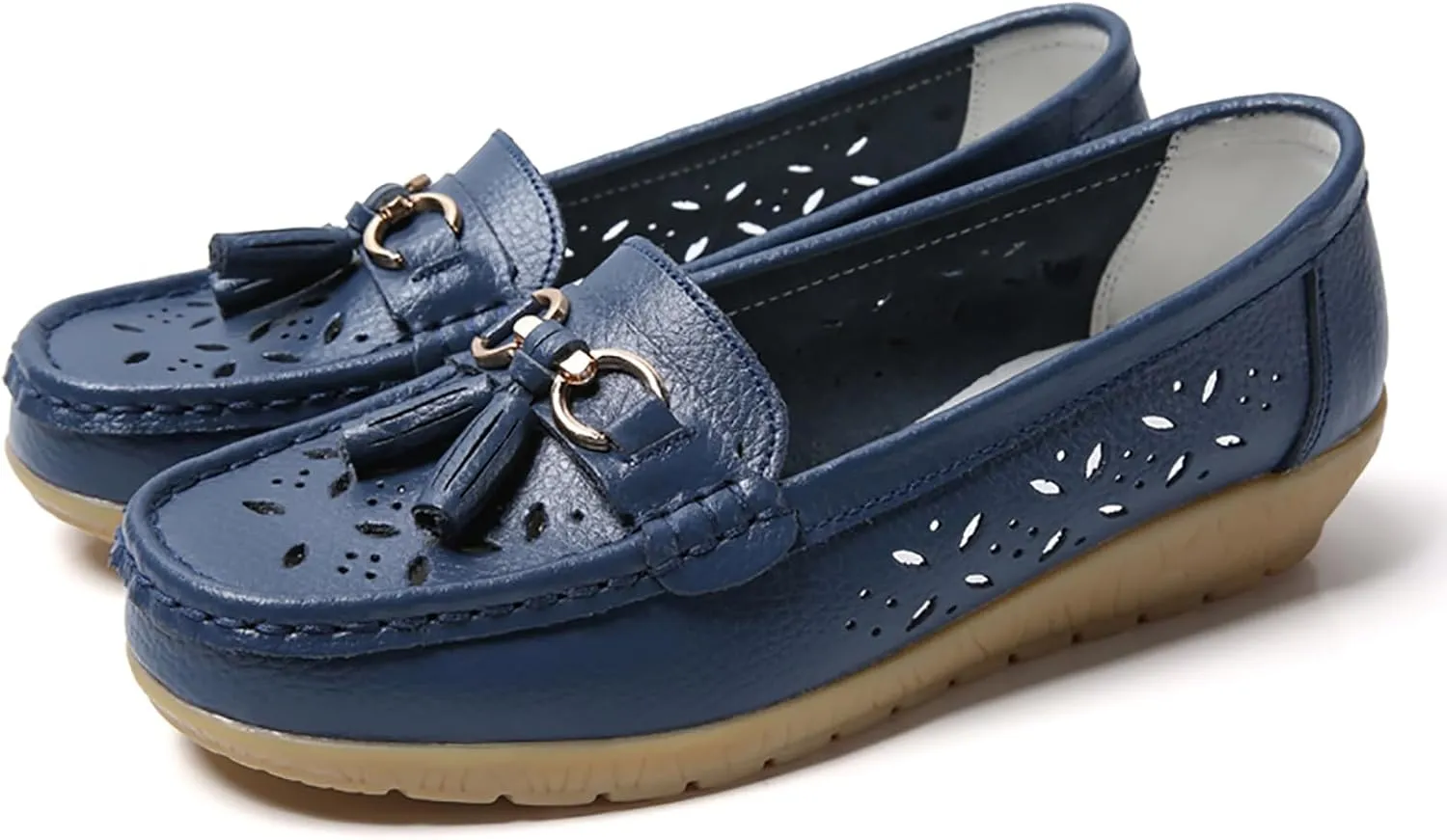 Solaud Women's Comfort Loafers Slope Heeled Moccasins Leather Loafer Casual Round Toe Soft Leather Wedge Pumps Breathable Slip On Walking Office Lightweight Shoes