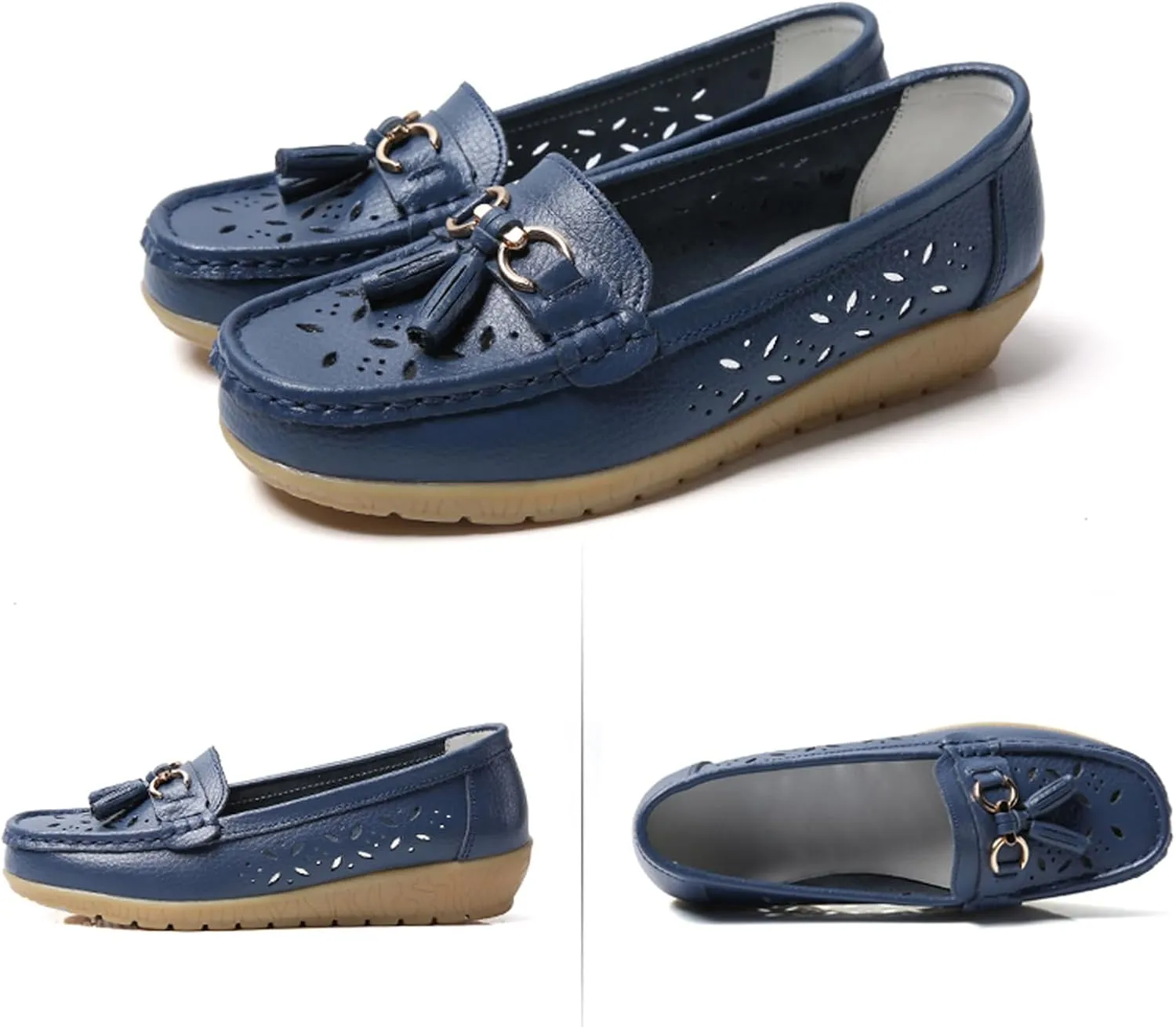 Solaud Women's Comfort Loafers Slope Heeled Moccasins Leather Loafer Casual Round Toe Soft Leather Wedge Pumps Breathable Slip On Walking Office Lightweight Shoes