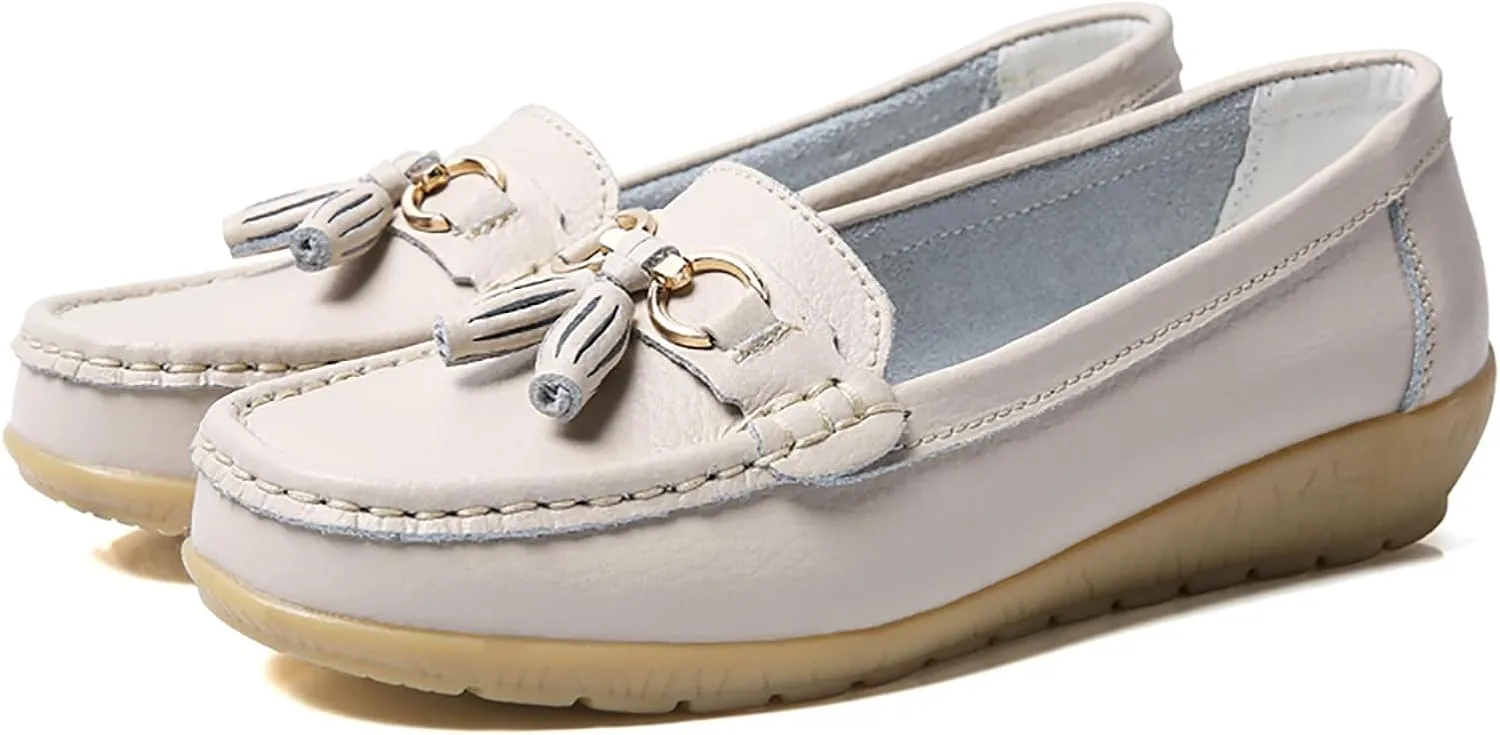 Solaud Women's Comfort Loafers Slope Heeled Moccasins Leather Loafer Casual Round Toe Soft Leather Wedge Pumps Breathable Slip On Walking Office Lightweight Shoes