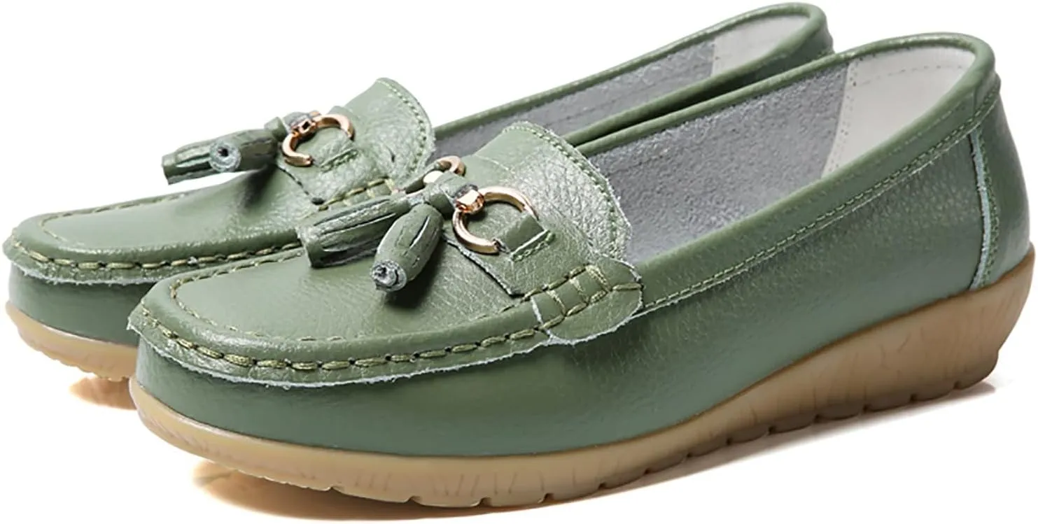 Solaud Women's Comfort Loafers Slope Heeled Moccasins Leather Loafer Casual Round Toe Soft Leather Wedge Pumps Breathable Slip On Walking Office Lightweight Shoes