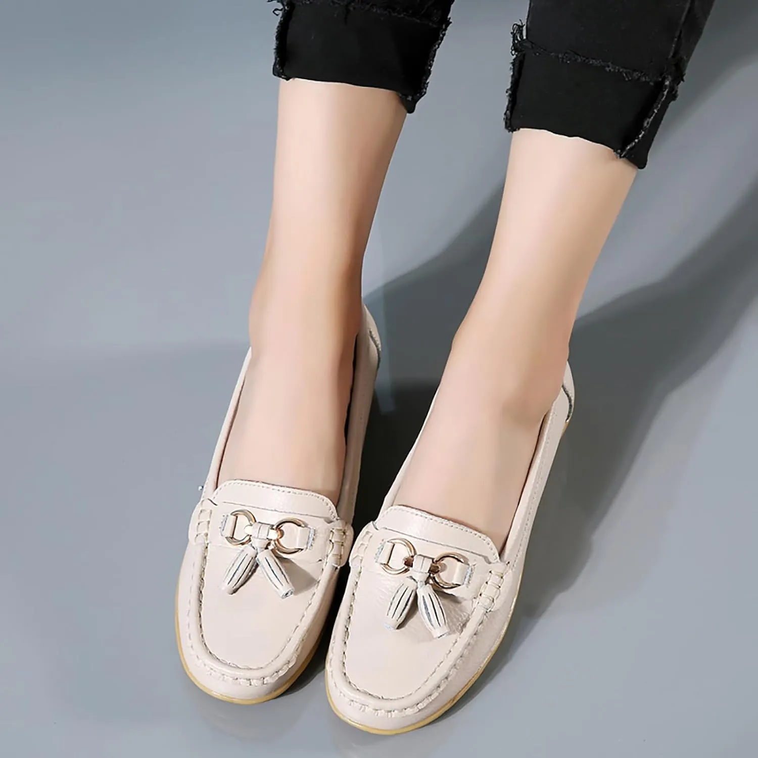 Solaud Women's Comfort Loafers Slope Heeled Moccasins Leather Loafer Casual Round Toe Soft Leather Wedge Pumps Breathable Slip On Walking Office Lightweight Shoes