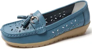 Solaud Women's Comfort Loafers Slope Heeled Moccasins Leather Loafer Casual Round Toe Soft Leather Wedge Pumps Breathable Slip On Walking Office Lightweight Shoes
