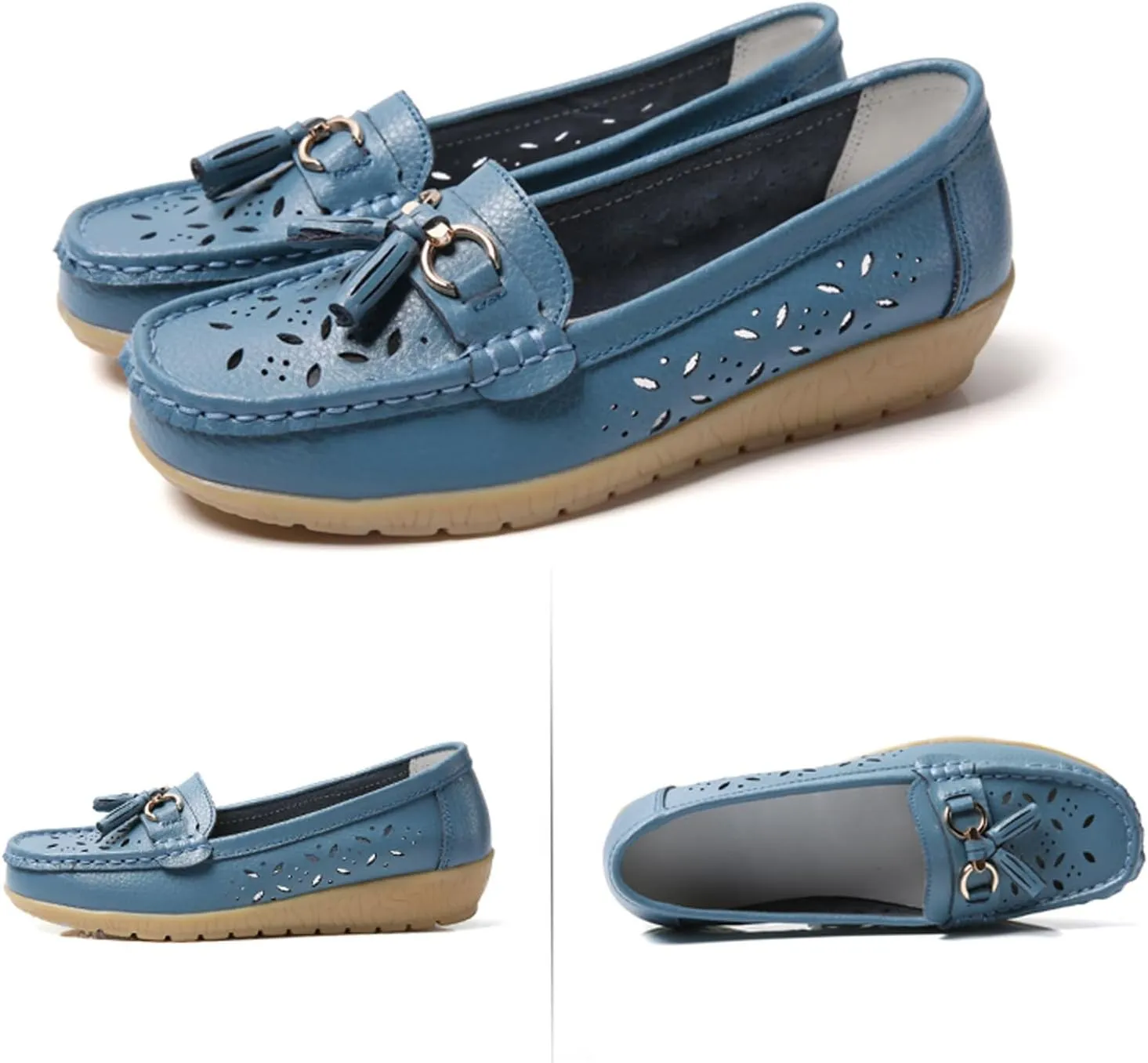 Solaud Women's Comfort Loafers Slope Heeled Moccasins Leather Loafer Casual Round Toe Soft Leather Wedge Pumps Breathable Slip On Walking Office Lightweight Shoes