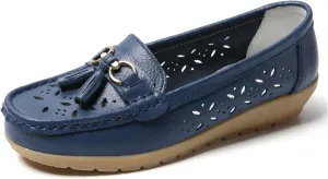Solaud Women's Comfort Loafers Slope Heeled Moccasins Leather Loafer Casual Round Toe Soft Leather Wedge Pumps Breathable Slip On Walking Office Lightweight Shoes