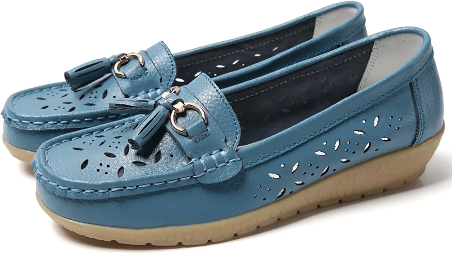 Solaud Women's Comfort Loafers Slope Heeled Moccasins Leather Loafer Casual Round Toe Soft Leather Wedge Pumps Breathable Slip On Walking Office Lightweight Shoes
